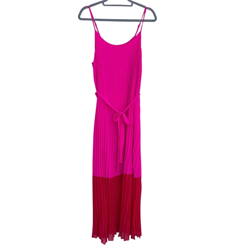 Judith March Maxi Dress, Color Block Pink & Red, Pleated, Tie Waist,‎ Sz M